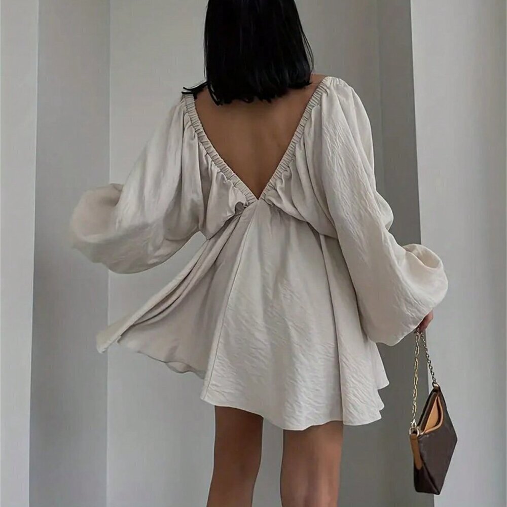 Apricot Sexy Women's Solid Color V-Neck Lantern Sleeve Dress - Picture 2 of 3